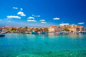 View of the old harbor of Chania, Crete, Greece.