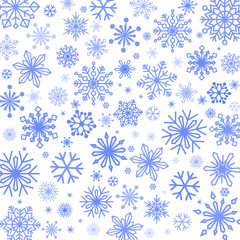 Snowflakes background in different shapes and sizes. Vector illustrations