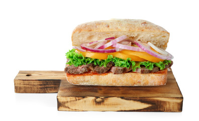 Steak sandwich and wooden board on white background