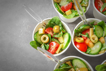 Tasty salad for baby shower party on table, closeup