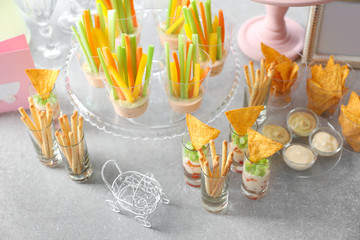 Tasty food for baby shower party on table