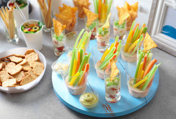 Tasty food for baby shower party on table