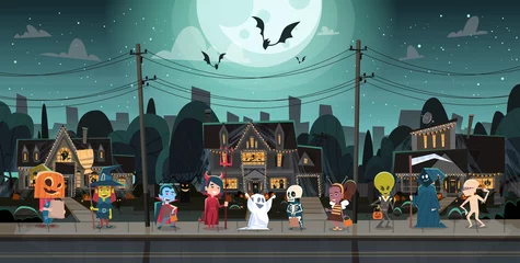 Fototapeten Kids Wearing Monsters Costumes Walking In Town Tricks Or Treat Happy Halloween Banner Holiday Concept Vector Illustration © mast3r