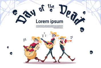 Day Of Dead Traditional Mexican Halloween Holiday Party Decoration Banner Invitation Skeleton Play Guitar Flat Vector Illustration