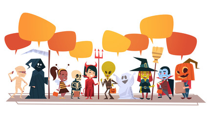Happy Halloween Banner Holiday Decoration Horror Party Greeting Card Cute Cartoon Monsters With Chat Bubbles Flat Vector Illustration