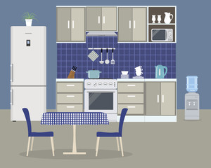 Kitchen in a blue color. There is a kitchen furniture, a refrigerator, a stove, a water cooler, a table, two chairs and other objects in the picture. Vector flat illustration