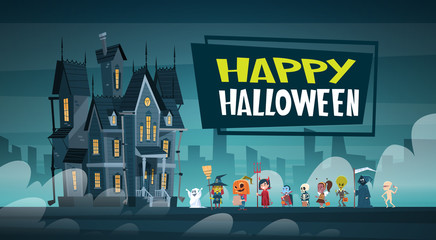 Happy Halloween Banner Holiday Decoration Horror Party Greeting Card Cute Cartoon Monsters Walking To Dark Castle With Ghosts Flat Vector Illustration