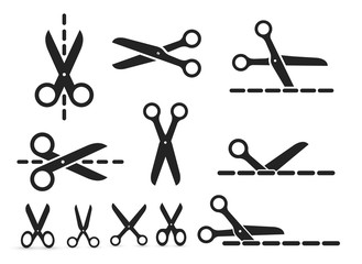 Set of scissors with cut lines. Vector illustration. Isolated on white background