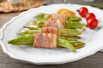 Plate with delicious bacon-wrapped green beans