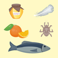 Allergy symbols disease healthcare food viruses health flat illness allergen symptoms disease information vector illustration.
