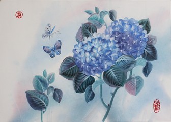 hydrangeas and butterflies are painted in watercolor. The round red seal stands for "happiness," the oval red seal means "draw from the bottom of my heart"