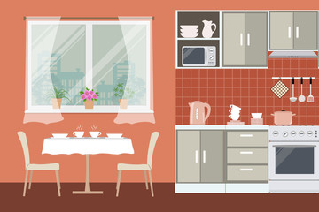 Kitchen in orange color. There is a beige furniture, a stove, a table with chairs, a window and other objects in the picture. Vector flat illustration