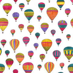 Hot air balloons watercolor hand drawn seamless pattern