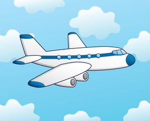 White jet airplane on a sky background. Vector illustration.