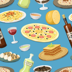 Cartoon Italy food cuisine homemade seamless pattern background cooking fresh traditional Italian lunch vector illustration.