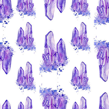 Watercolor purple crystal amethyst cluster hand drawn painting illustration isolated on white backdrop, seamless pattern tanzanit gem stones for design fashion advertising, geological logo, jewelry