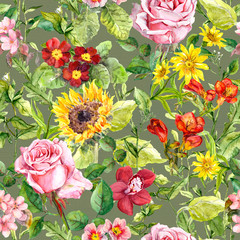 Repeating meadow floral pattern. Watercolor for fashion design