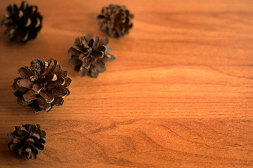 Cones on a wooden background with space for text