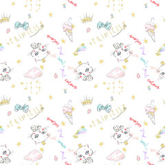 Cute seamless pattern with princess cat, crowns and ice cream. Vector baby design for fashion apparels, t shirt, stickers and printed tee design.