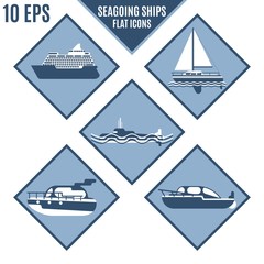 flat icons of marine ships in lilac color