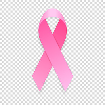 Realistic pink ribbon icon closeup isolated on transparent background, breast cancer awareness symbol. Design template, stock vector illustration, eps10