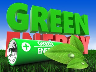 3d battery with green energy sign