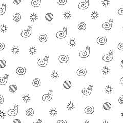 Children drawing of snail seamless pattern. Doodle kids drawn ar