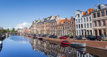 Panorama of historic houses at the Nieuwe Gracht canal in Haarlem