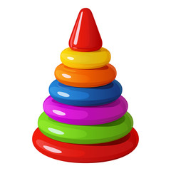 Яркая радужная детская игрушка - пирамидка из пластиковых колечек с треугольным навершием, векторный рисунок на белом 

фоне
