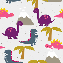 Colorful dinosours seamless pattern. Vector hand drawn illustration.