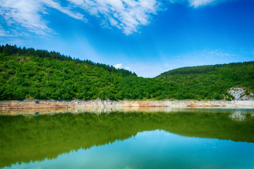 Uvac, Serbia august 03,2017: Rocky landscape of river Uvac gorge at sunny summer 