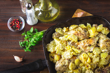 Roasted chicken leg with potatoes with caraway and garlic.