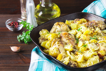 Roasted chicken leg with potatoes with caraway and garlic.