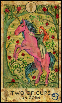 Unicorn. Minor Arcana Tarot Card. Two of Cups