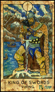 Viking. Scandinavian warrior. Minor Arcana Tarot Card. King of Swords