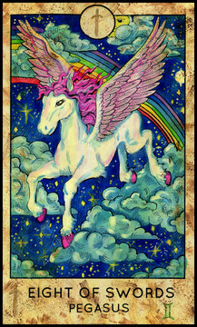 Pegasus. Minor Arcana Tarot Card. Eight of Swords