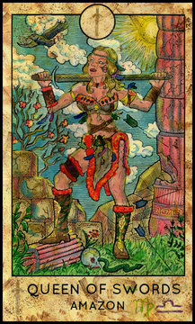 Amazon woman warrior. Minor Arcana Tarot Card. Queen of Swords