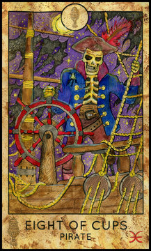 Pirate Skeleton. Minor Arcana Tarot Card. Eight of Cups