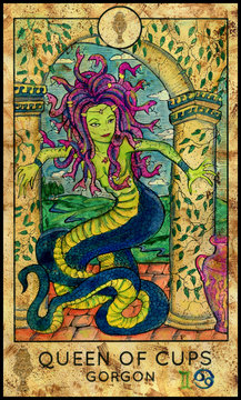 Gorgon. Minor Arcana Tarot Card. Queen of Cups.