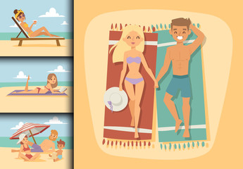 People on beach outdoors, summer lifestyle family fun vacation happy time cartoon characters vector illustration.