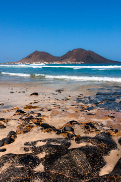 Volcanic rocks on the beach. Calhau extinct volcano in Cape Verde