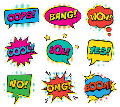 Retro colorful comic speech bubbles set with halftone shadows on white background. Expression text BANG, YES, NO, LOL, BANG, BOOM, COOL, OMG, WOW, OOPS. Vector illustration, pop art style.