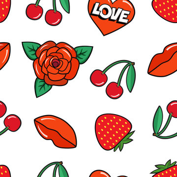 Seamless pattern with rose, cherry, strawberry, lips and heart on white background. Fashion patches and stickers. Vector illustration.