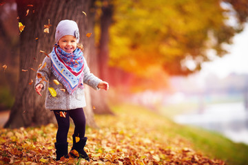 adorable happy girl playing with fallen leaves in autumn park