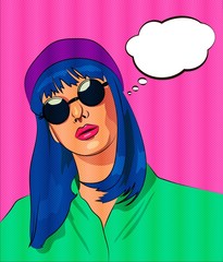 pop art woman sunglasses bubble speech dotted background