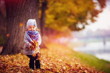 adorable happy girl playing with fallen leaves in autumn park