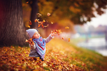 adorable happy girl throwing the fallen leaves up, playing in the autumn park