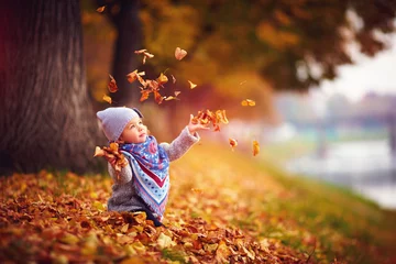 Poster adorable happy girl throwing the fallen leaves up, playing in the autumn park © Olesia Bilkei