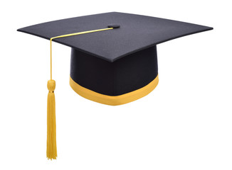 Graduation cap with gold tassel isolated on white background.