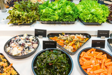 A variety of salad bar with vegetables in the restaurant, healthy food
